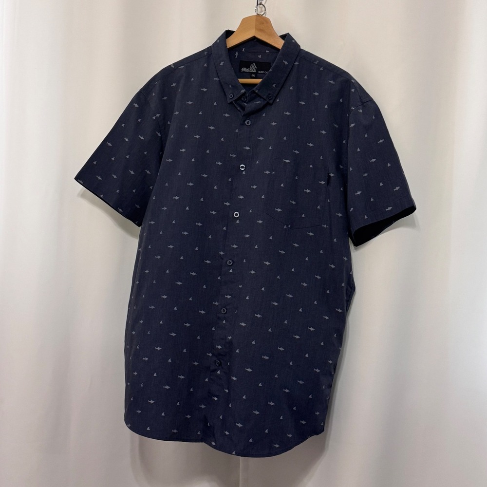 Molokai Surf Co Mens XXL Blue Shark Print Short Sleeve Button Down Shirt Casual